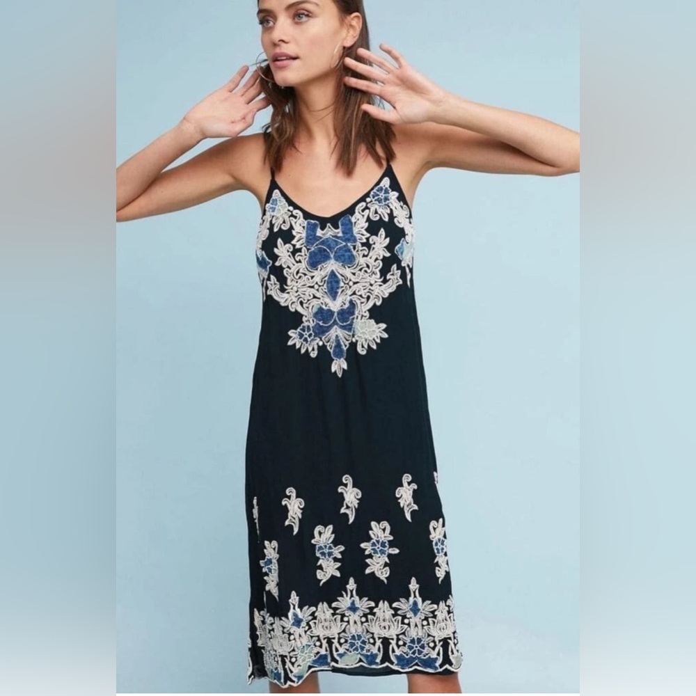 Anthropologie Love Sam Navy Blue & White Embellished Midi Dress - Size Medium